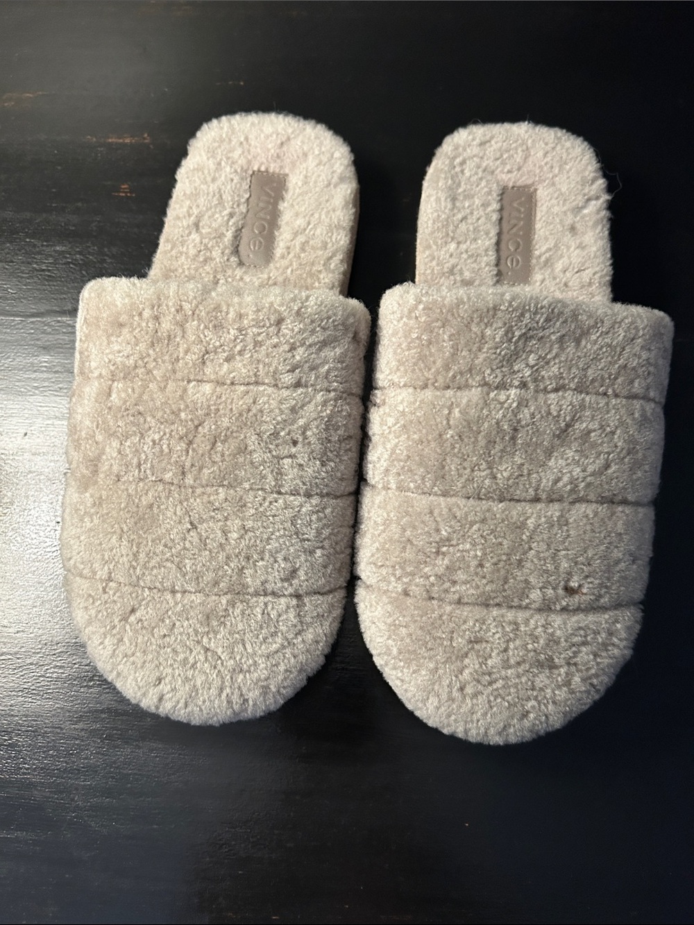Vince Plush Quilted Faux-Sherpa Slide Slippers in Light Grey Size 6